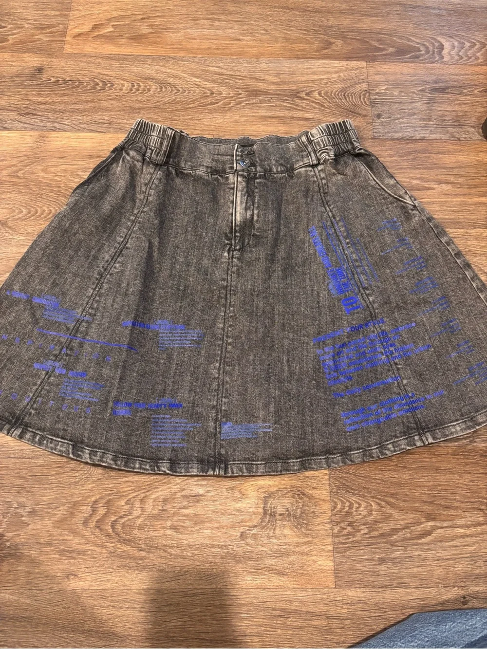 S DEER Concept Acid Wash Denim Mini Skirt Gray Blue Graphic A Line Womens XL